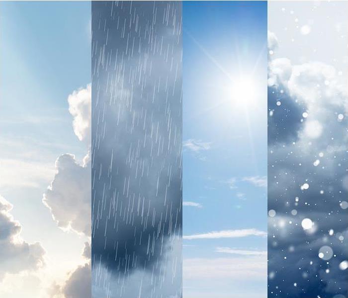 an image with a cloudy, rainy, sunny and snowy sky